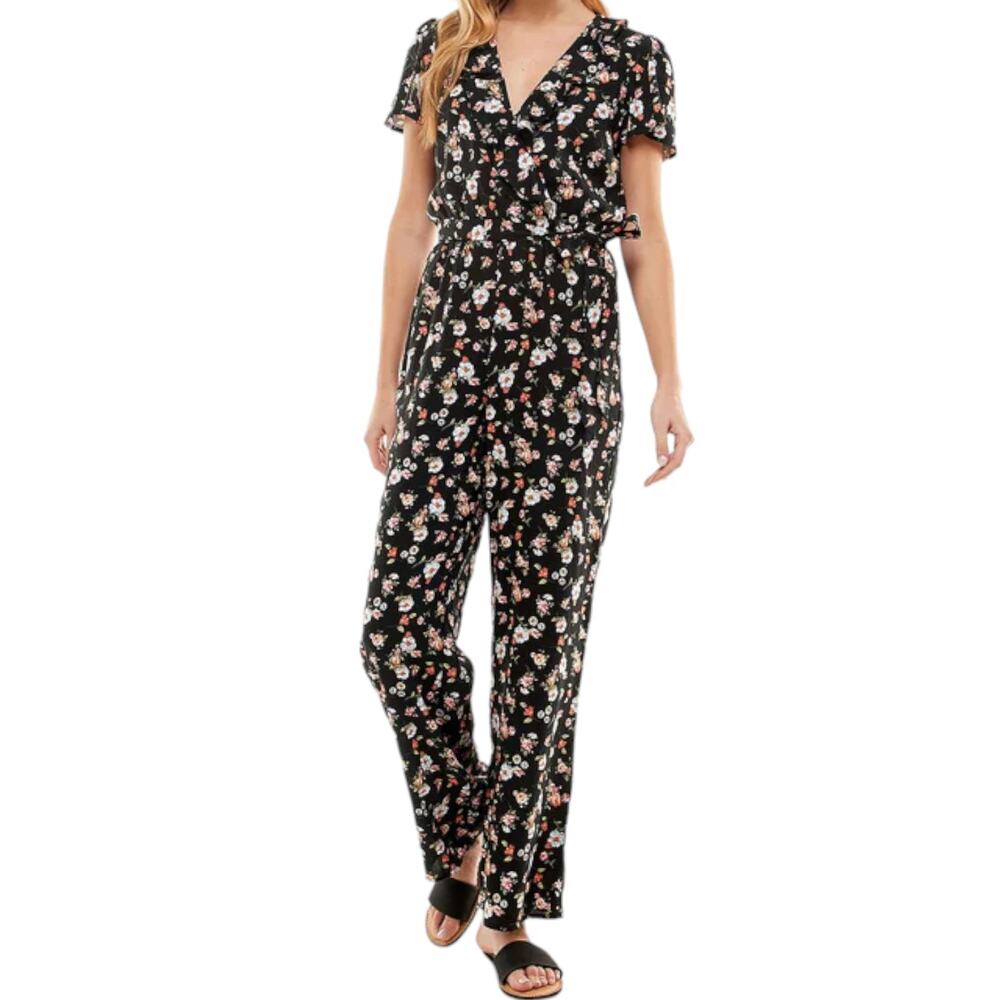 Kingston Grey Black Multicolor Floral Ruffled Jumpsuit, XXS